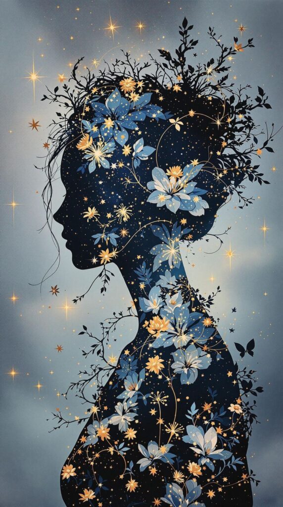 illustration d'une silhouette d'une femme de profil avec fleurs et feuillage sur son corps